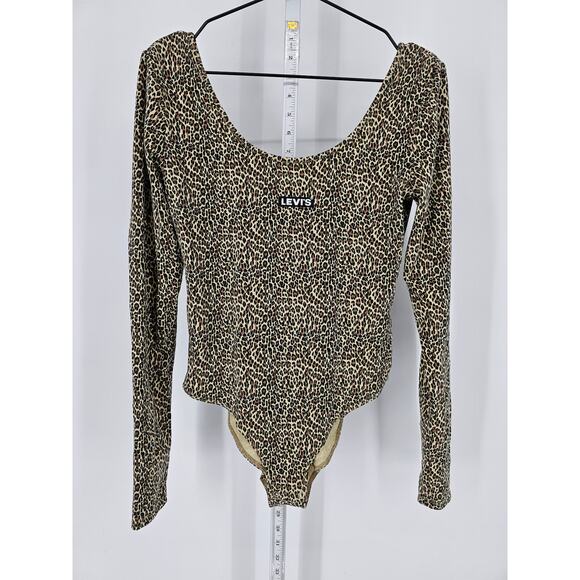 Levis Womens Sz M Long Sleeve Bodysuit Shirt Brown Leopard Cheetah Print - Picture 1 of 4